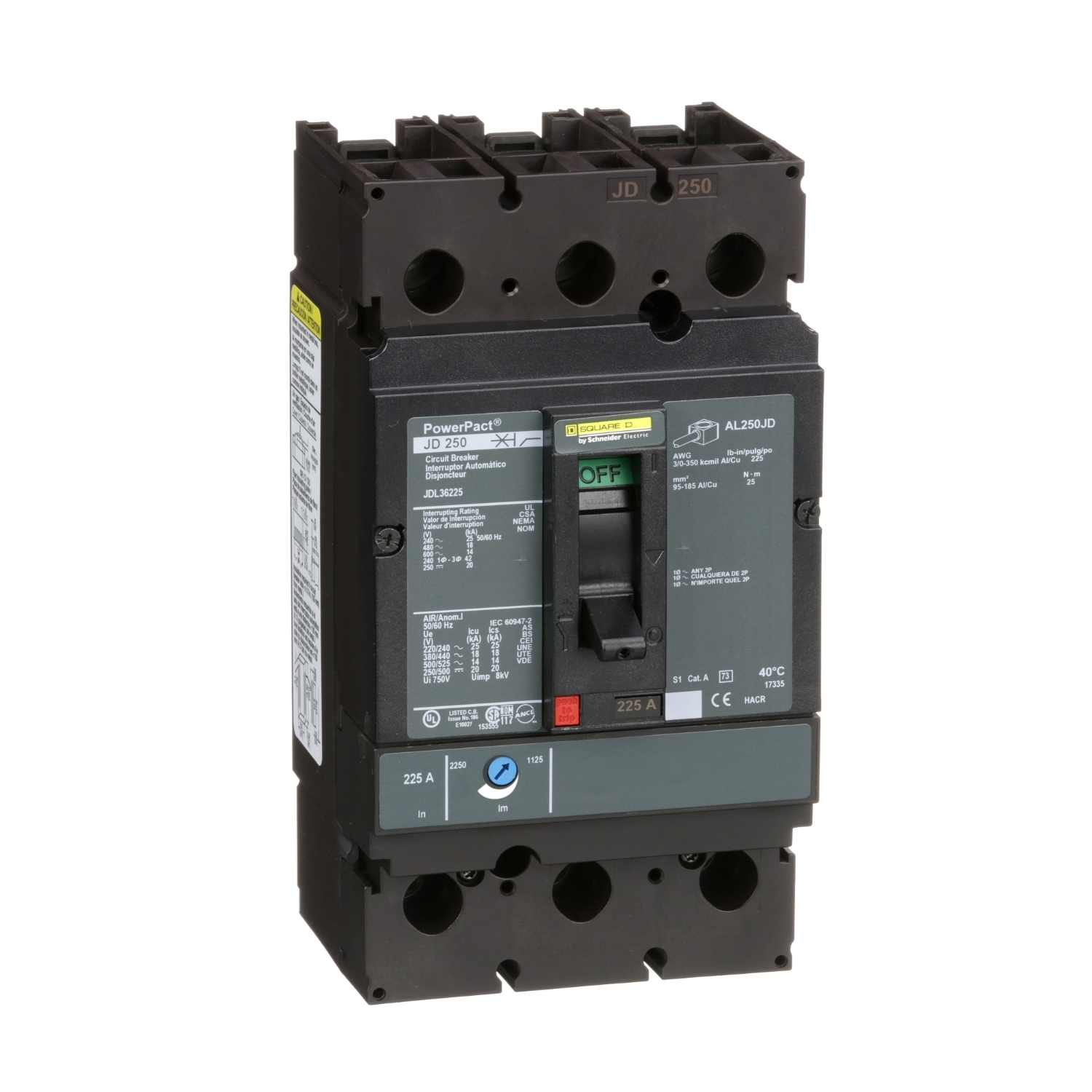 JDL36225 PowerPact Standard Type JDL Molded Case Circuit Breaker, 600 V AC/250 V DC, 225 A, 25 kA at 240 VAC/18 kA at 480 VAC/14 kA at 600 VAC/20 kA at 250VDC Interrupt, 3 Poles, Thermal Magnetic Trip