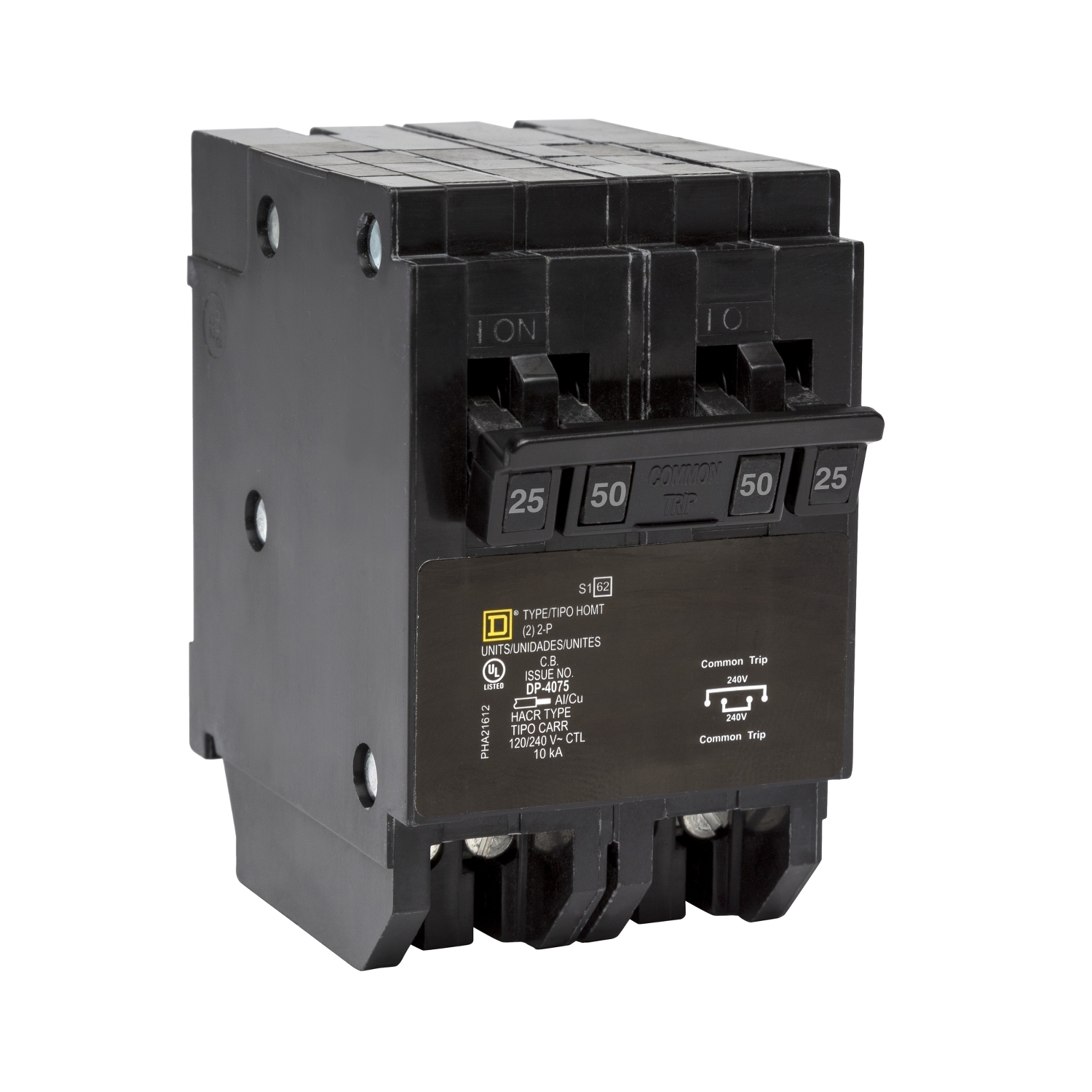 HOMT225250 Homeline Quad tandem circuit breaker, Homeline, 1 x 2 pole at 25A, 1 x 2 pole at 50A, 120/240VAC, 10kA AIR, plug in, UL