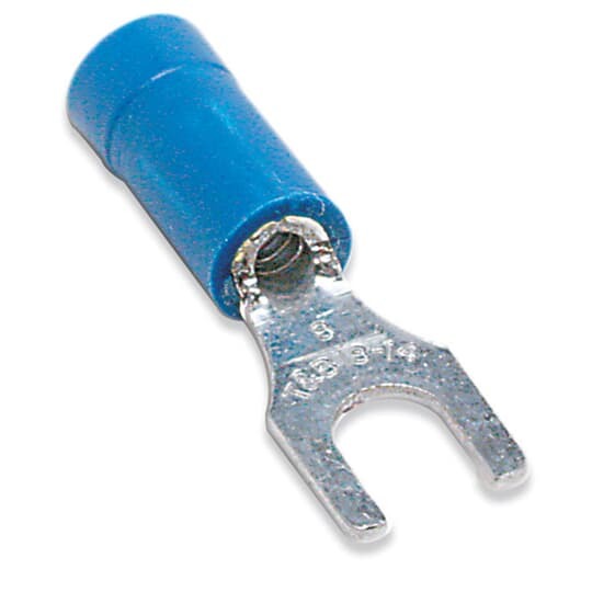 14RB-8F Sta-Kon RB Series Insulated Fork Terminal, 18 to 14 AWG Conductor, 0.97 in L, Brazed Seam/Serrated Barrel, Copper, Blue