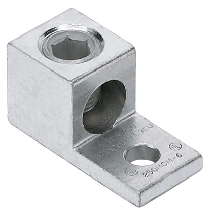 LAMA500-38-6Y Pan-Lug 1-Barrel Mechanical Connector Lug, 4 AWG to 500 kcmil Aluminum/Copper/Stranded Conductor, 3/8 in Stud, 1 Bolt Holes, Aluminum