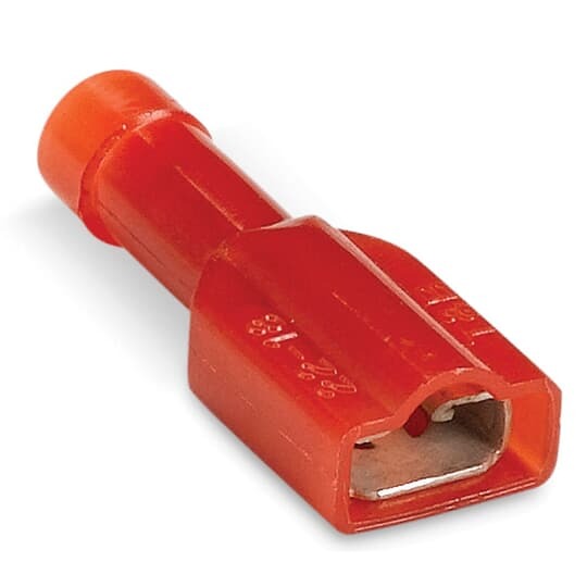 18RA-2577 Sta-Kon 250 Female Disconnect, 22 to 18 AWG Conductor, 0.25 in W x 0.032 in THK Tab, Brazed Seam Barrel, Brass, Red, Insulated