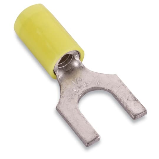 RC10-10F Sta-Kon RC Series Insulated Fork Terminal, 12 to 10 AWG Conductor, 1 in L, Brazed Seam/Serrated Barrel, Copper, Yellow