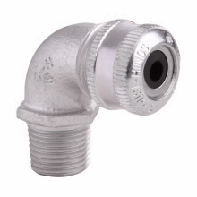 CGE395 90 deg Flexible Cable Gland Connector, 1 in Trade, 1/2 to 5/8 in Cable Openings, Feraloy Iron Alloy, Electro-Galvanized