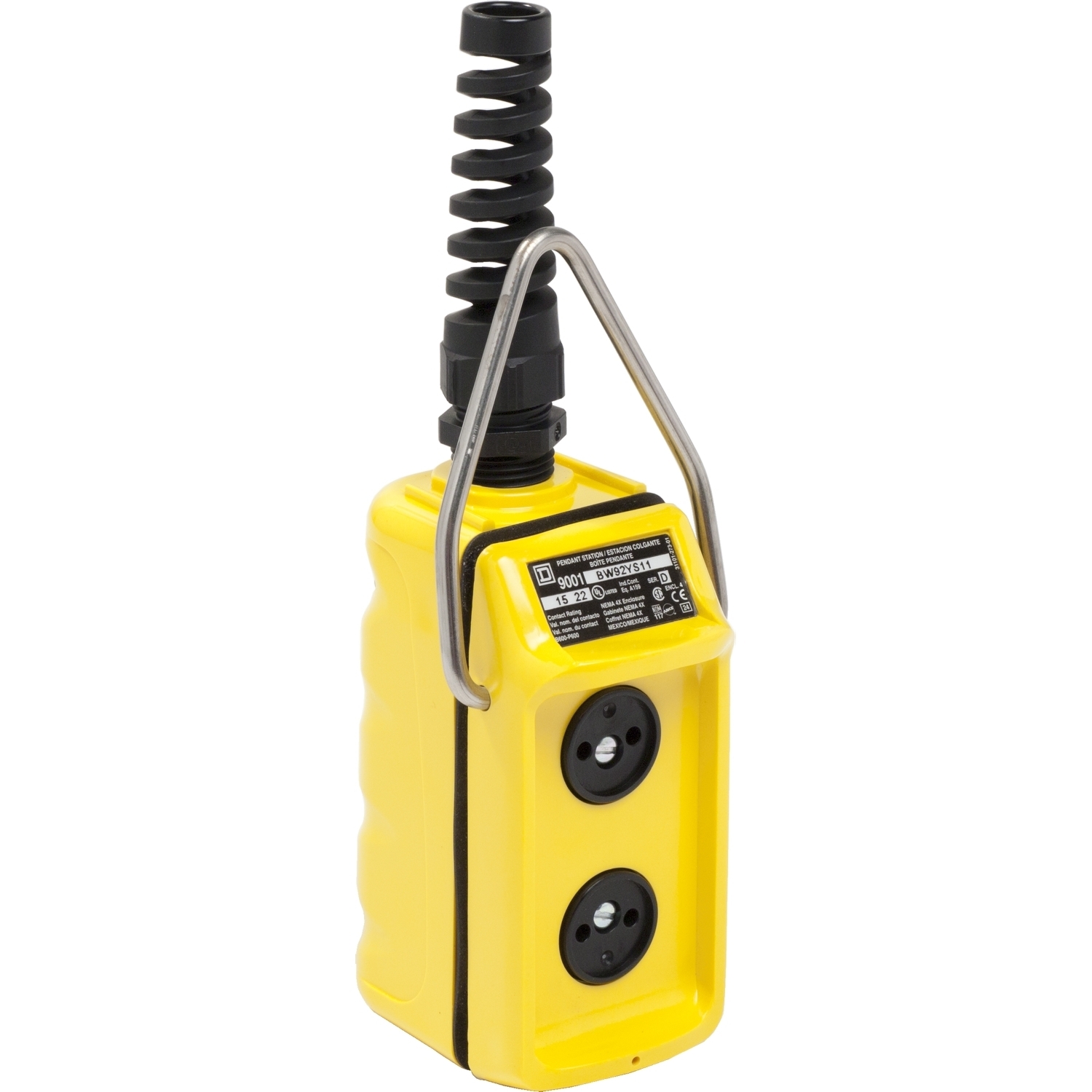 9001BW92YS11 Corrosion-Resistant Dusttight/Oiltight/Watertight Ergonomic Pendant Control Station, 600 VAC, 5 A, 1NO-1NC Contact, 2 Operators, NEMA 1/3/3R/4/4X/13 NEMA Rating