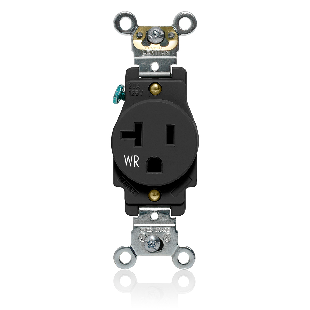 W5361-E Smooth Face Self-Grounding Weather-Resistant Single Receptacle Outlet, 125 V AC, 20 A, 2 Poles, 3 Wires, Black