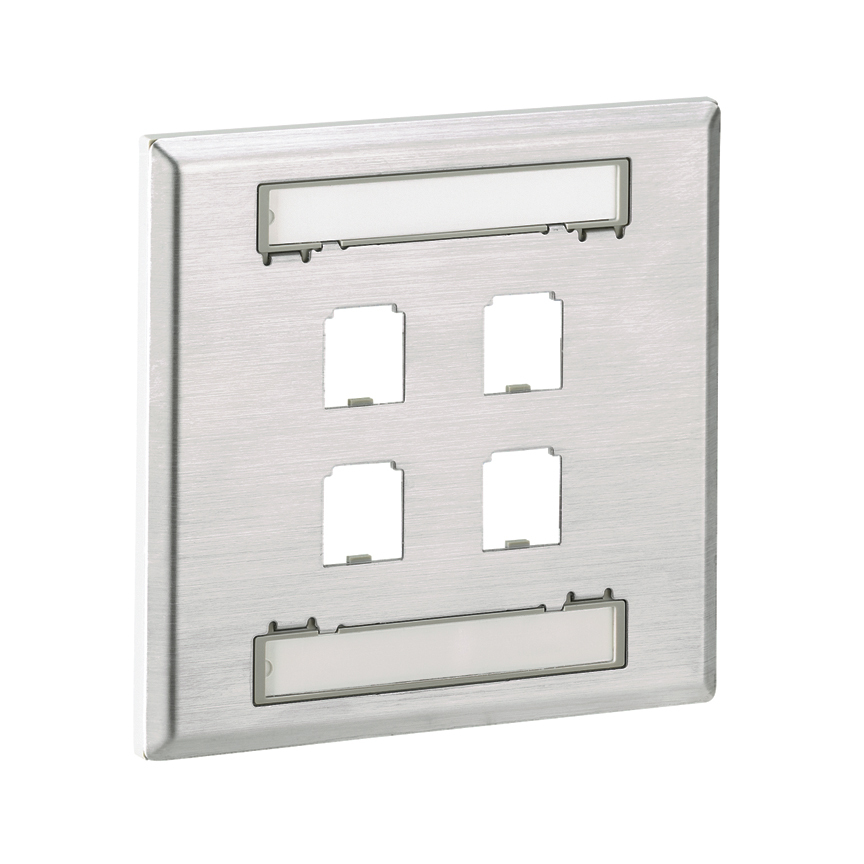 CFPL4S-2GY Mini-Com PanNet Flat Vertical Faceplate, 2 Gangs, 4 Ports, Mini-Com Module, Fastened Mount, Stainless Steel