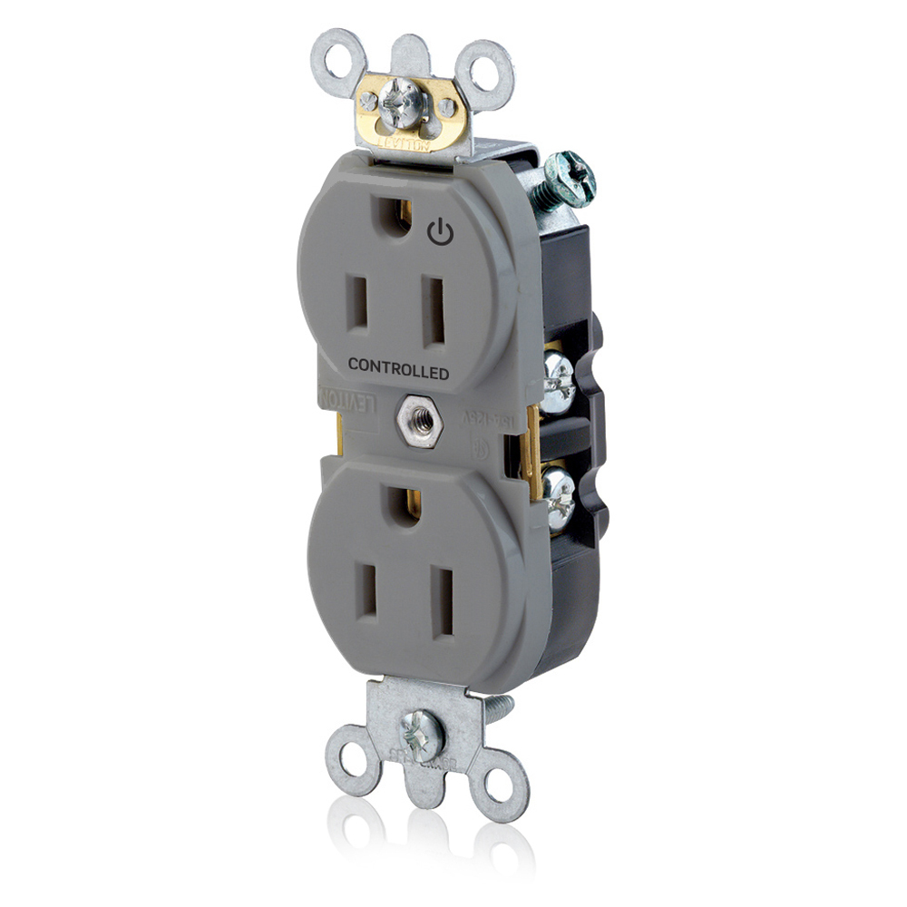 5262-S1G Heavy Duty Narrow Body Straight Blade Duplex Receptacle With 1 Plug Controlled Markings, 125 V AC, 15 A, 2 Poles, 3 Wires, Gray