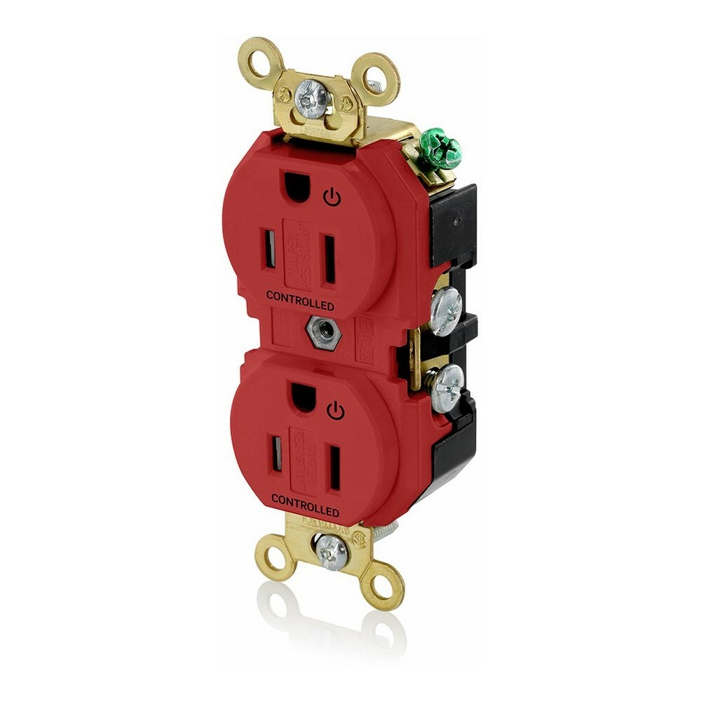 5262-2PR Extra Heavy Duty Self Grounding Tamper Resistant Straight Blade Duplex Receptacle With 2 Plug Controlled Markings, 125 V AC, 15 A, 2 Poles, 3 Wires, Red