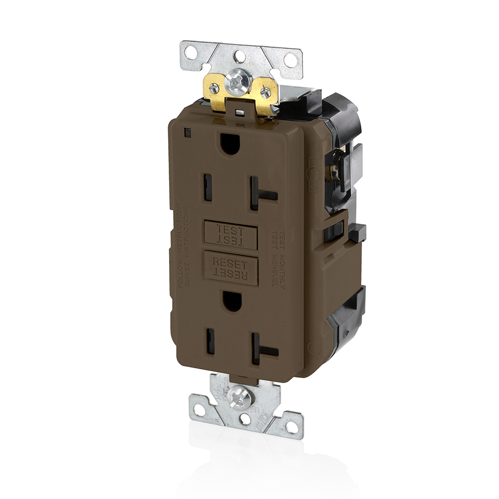 MGFN2 SmartlockPro Slim Duplex Feed Through Self-Test GFCI Receptacle, 125 V AC, 20 A, 2 Poles, 3 Wires, Brown