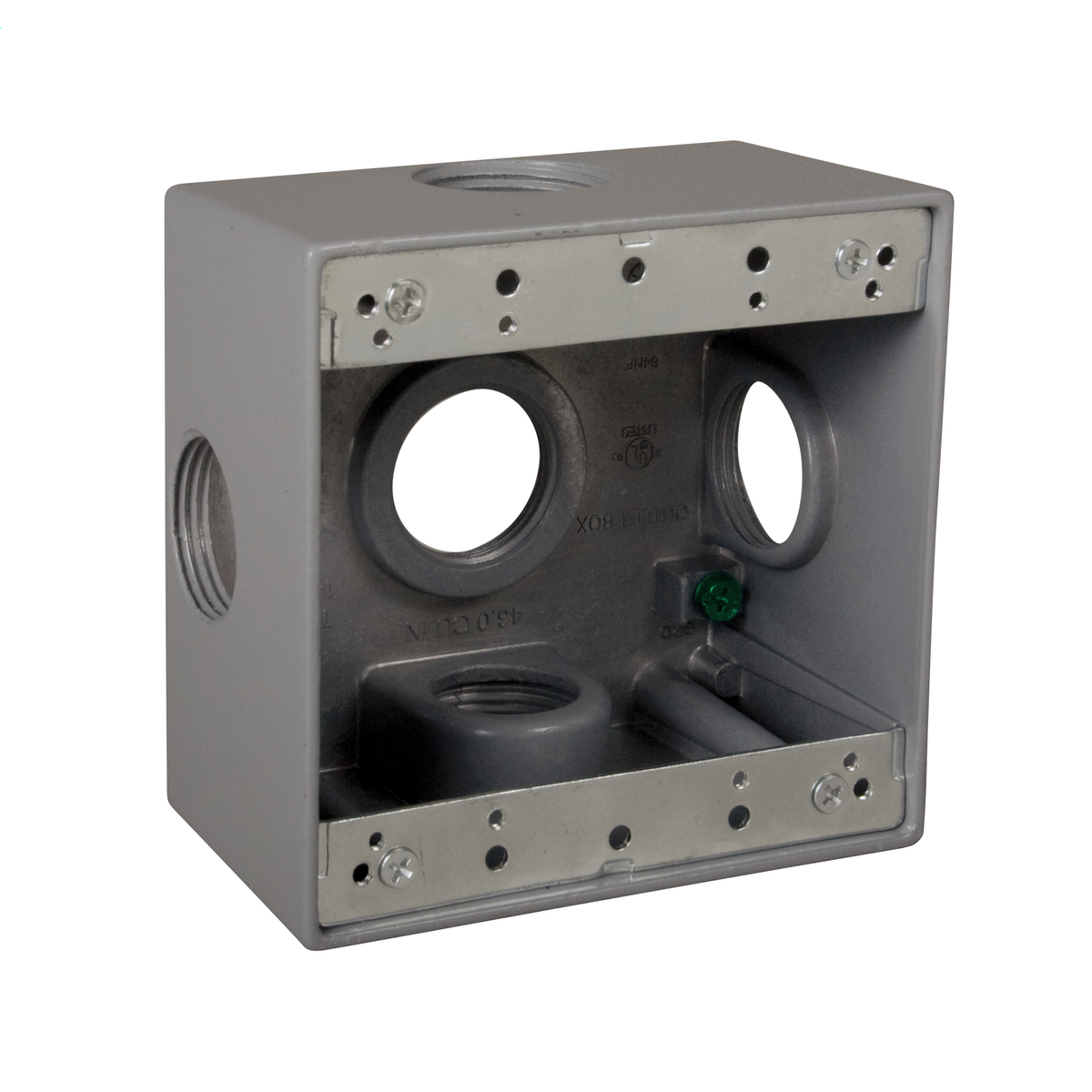 DD5100XS Deep X-Pattern Weatherproof Outlet Box With Side Lugs, Die Cast Metal, 36 cu-in Capacity, 2 Gangs, 5 Outlets, 4-1/2 in L x 4-1/2 in W