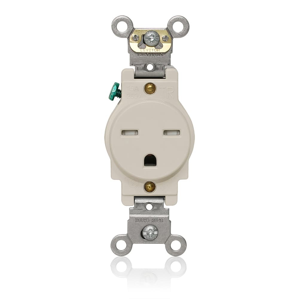 T5661-T T5661 Heavy Duty Self-Grounding Single Smooth Face Standard Straight Blade Receptacle, 250 V AC, 15 A, 2 Poles, 3 Wires, Light Almond