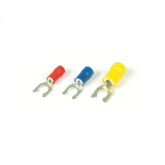 TV10-10LF-XV Catamount Fork Terminal, 12 to 10 AWG Conductor, 1.025 in L, Brazed Seam/Funnel Entry/Internal Serration Barrel, Copper, Yellow