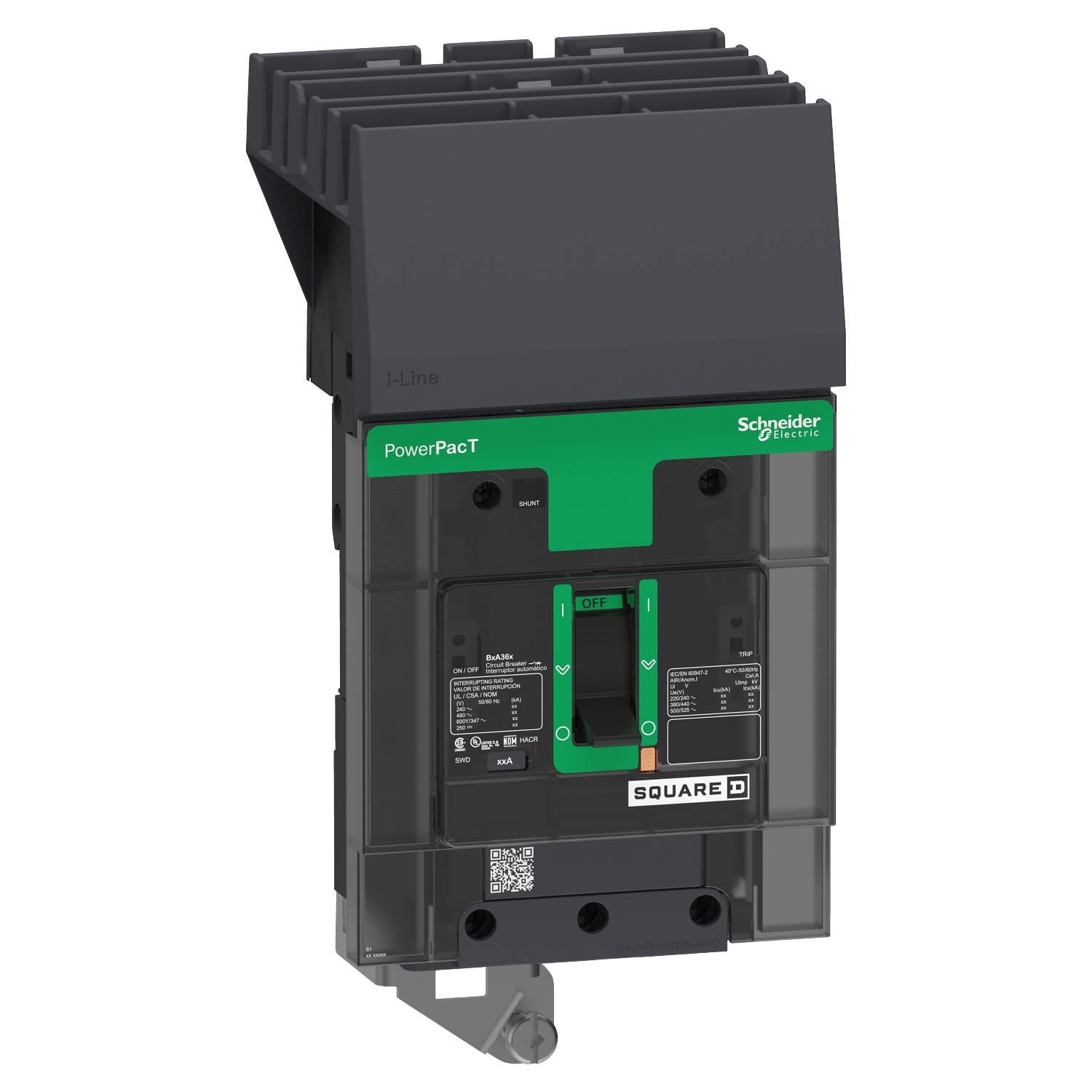 BGA36090 PowerPact I-Line Molded Case Circuit Breaker, 600Y/347 V AC, 90 A, 65 kA at 240 V AC, 35 kA at 480 V AC, 18 kA at 600Y/347 V AC Interrupt, 3 Poles, Thermal Magnetic Trip