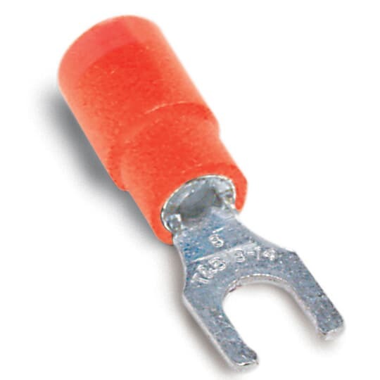 18RA-6FLX Sta-Kon RA Series Expanded Insulated Fork Terminal, 22 to 16 AWG Conductor, 0.97 in L, Brazed Seam/Serrated Barrel, Copper, Red