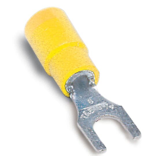 10RC-8FX Sta-Kon RC Series Expanded Insulated Fork Terminal, 12 to 10 AWG Conductor, 1.11 in L, Brazed Seam/Serrated Barrel, Copper, Yellow