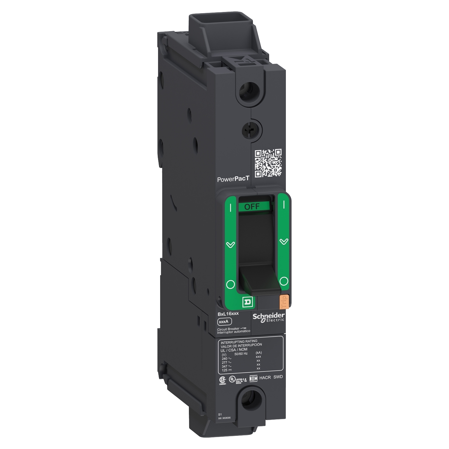 BJL16015 PowerPact EverLink Molded Case Circuit Breaker, 600Y/347 V AC, 15 A, 100 kA at 240 V AC, 65 kA at 480 V AC, 25 kA at 600Y/347 V AC Interrupt, 1 Poles, Thermal Magnetic Trip