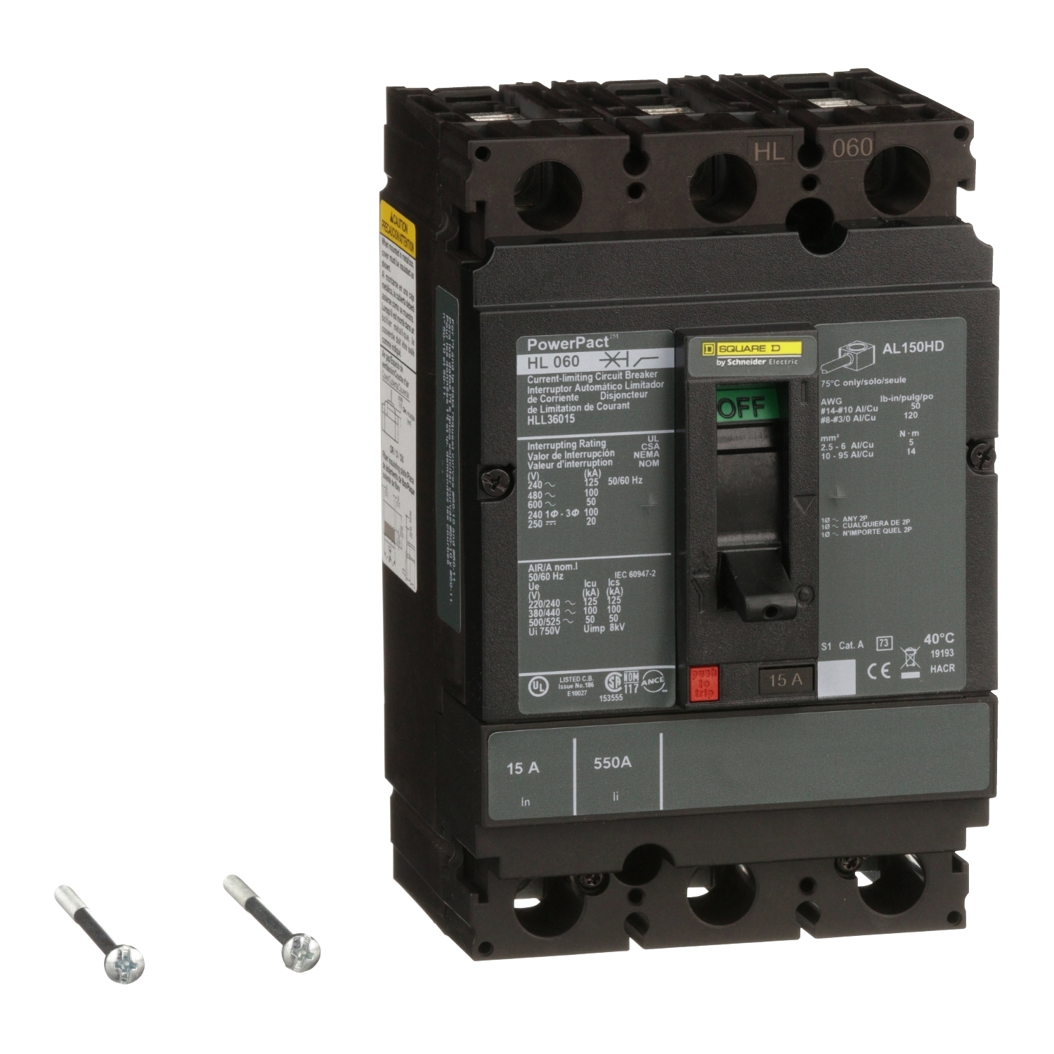 HLL36015 I-Line PowerPact Type HLL Molded Case Circuit Breaker, 600 V AC/250 to 500 V DC, 15 A, 125 kA at 240 VAC/100 kA at 480 VAC/50 kA at 600 VAC/20 kA at 250 VDC/50 kA at 500 VDC Interrupt, 3 Poles, Thermal Magnetic Trip