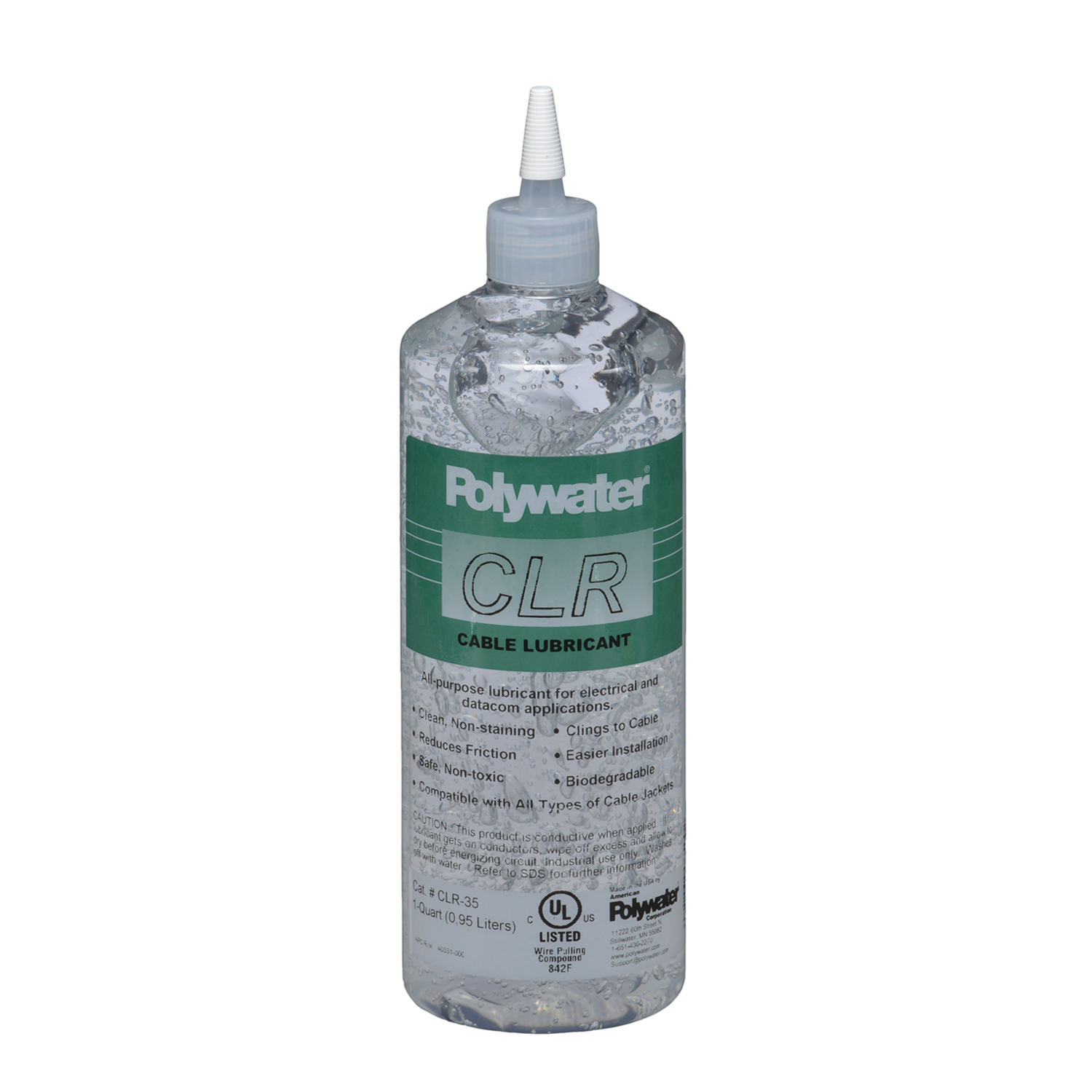 CLR-35 CLR Non-Staining Easy Clean-Up Cable Pulling Lubricant, 1 qt Squeeze Bottle, Gel Form, Clear, 0.98
