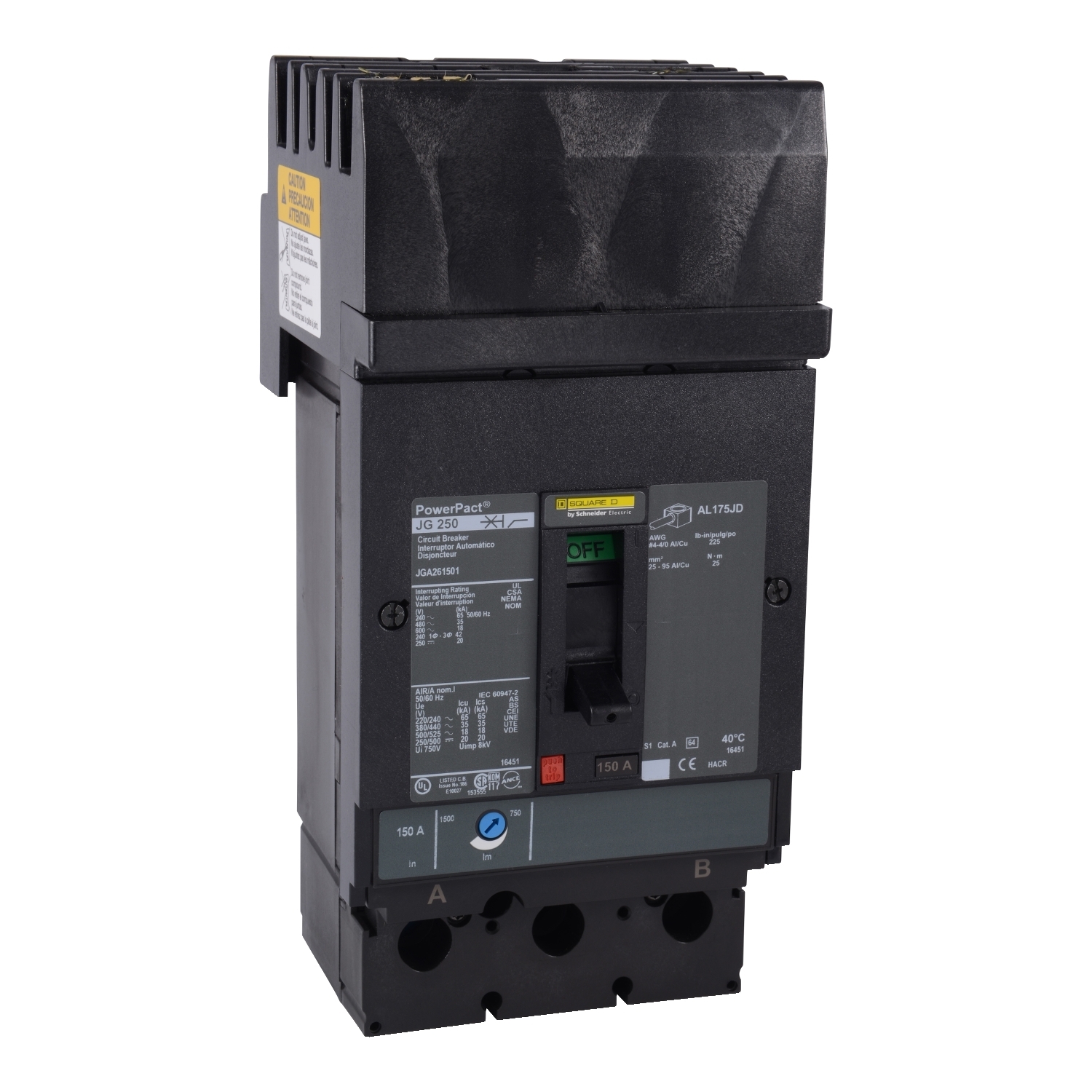 Circuit breaker, PowerPacT J, 250A, 2 pole, 600VAC, 18kA, I-Line, thermal magnetic, 80%, AC