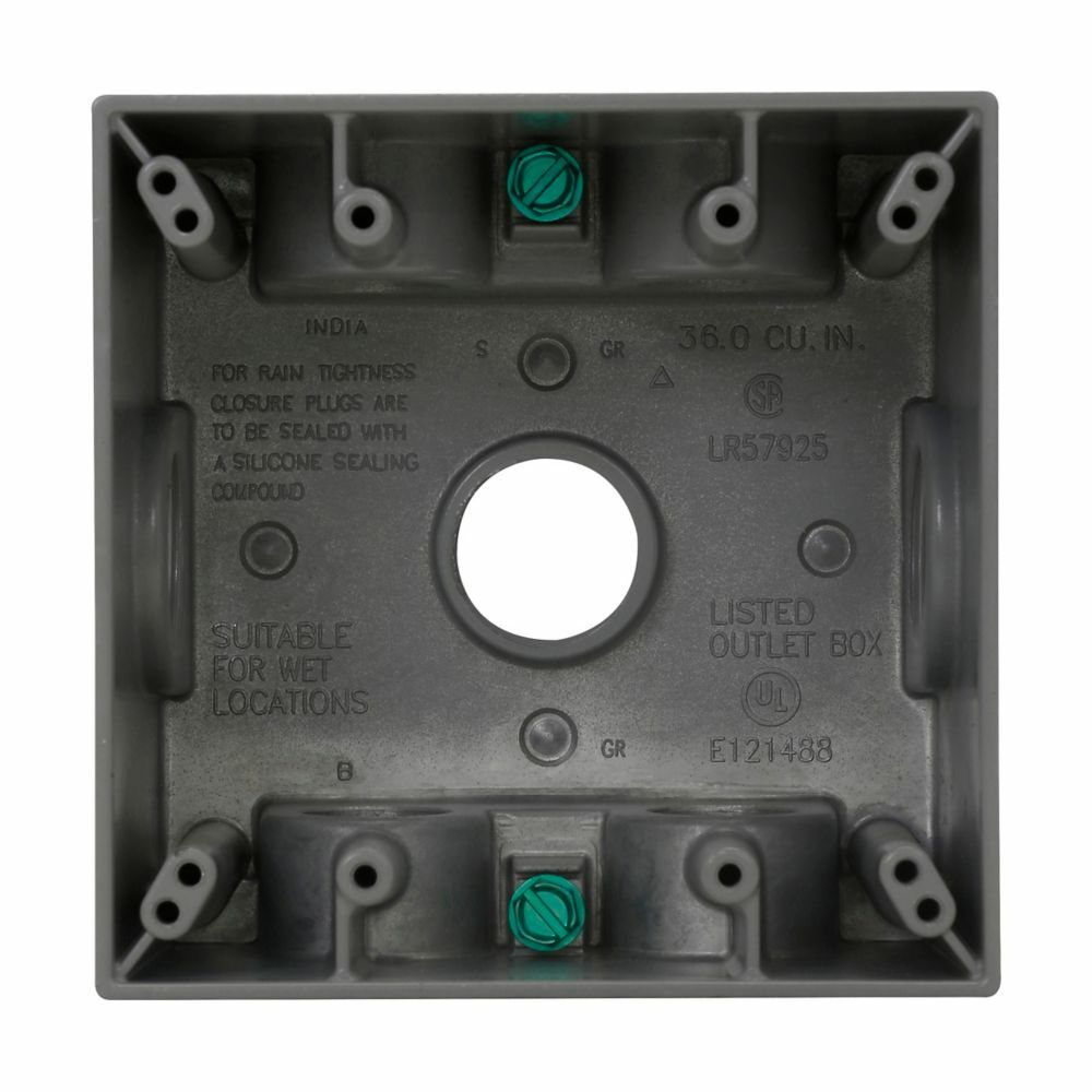 TP7137 Corrosion-Resistant Weatherproof Outlet Box, Die-Cast Aluminum, 37 cu-in Capacity, 2 Gangs, 7 Outlets, 4-1/2 in W x 2-21/32 in D x 4-1/2 in H