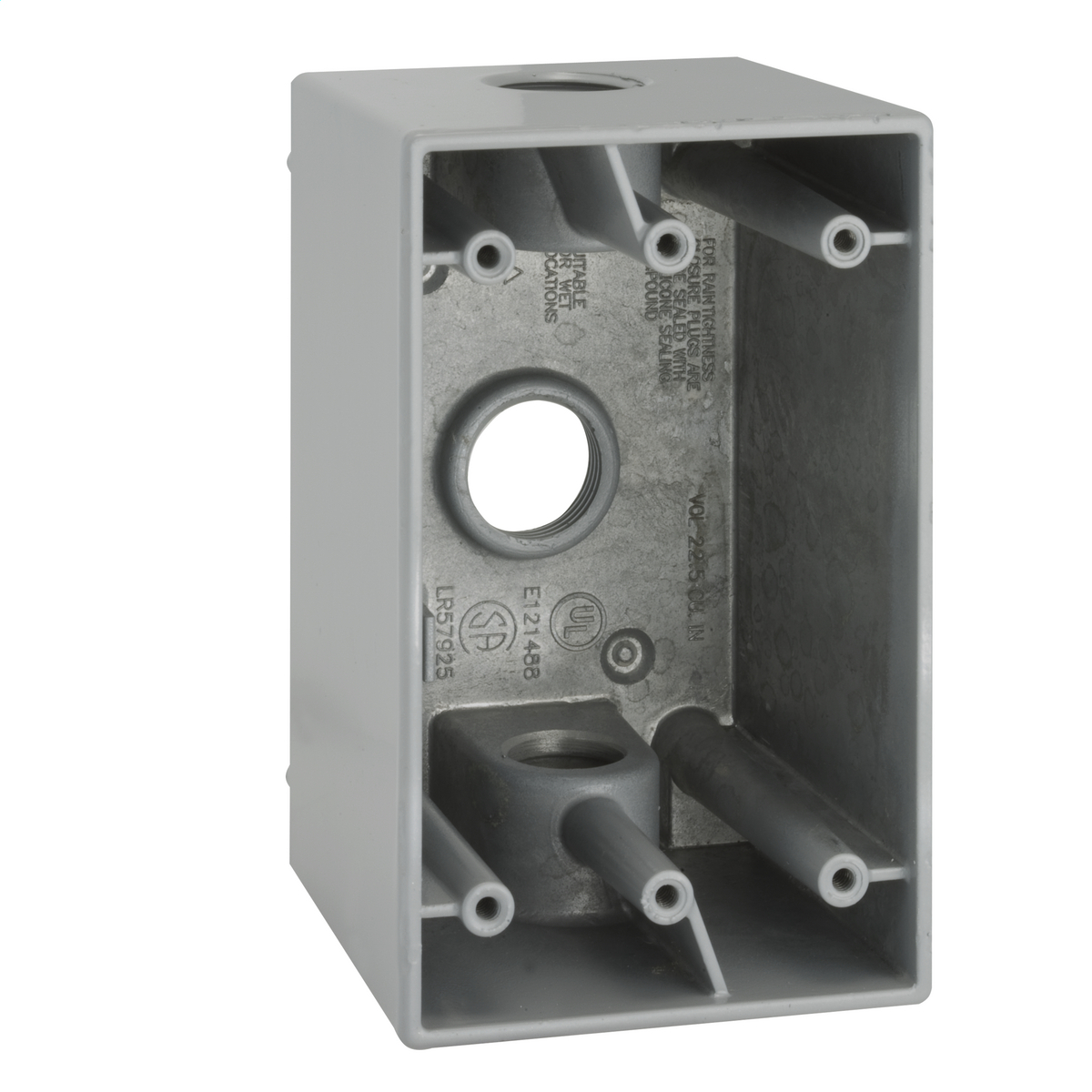 5385-0 Deep Weatherproof Outlet Box, Die Cast Aluminum, 22.5 cu-in Capacity, 1 Gangs, (3) Outlets, 4-1/2 in H x 2-3/4 in W x 2-5/8 in D