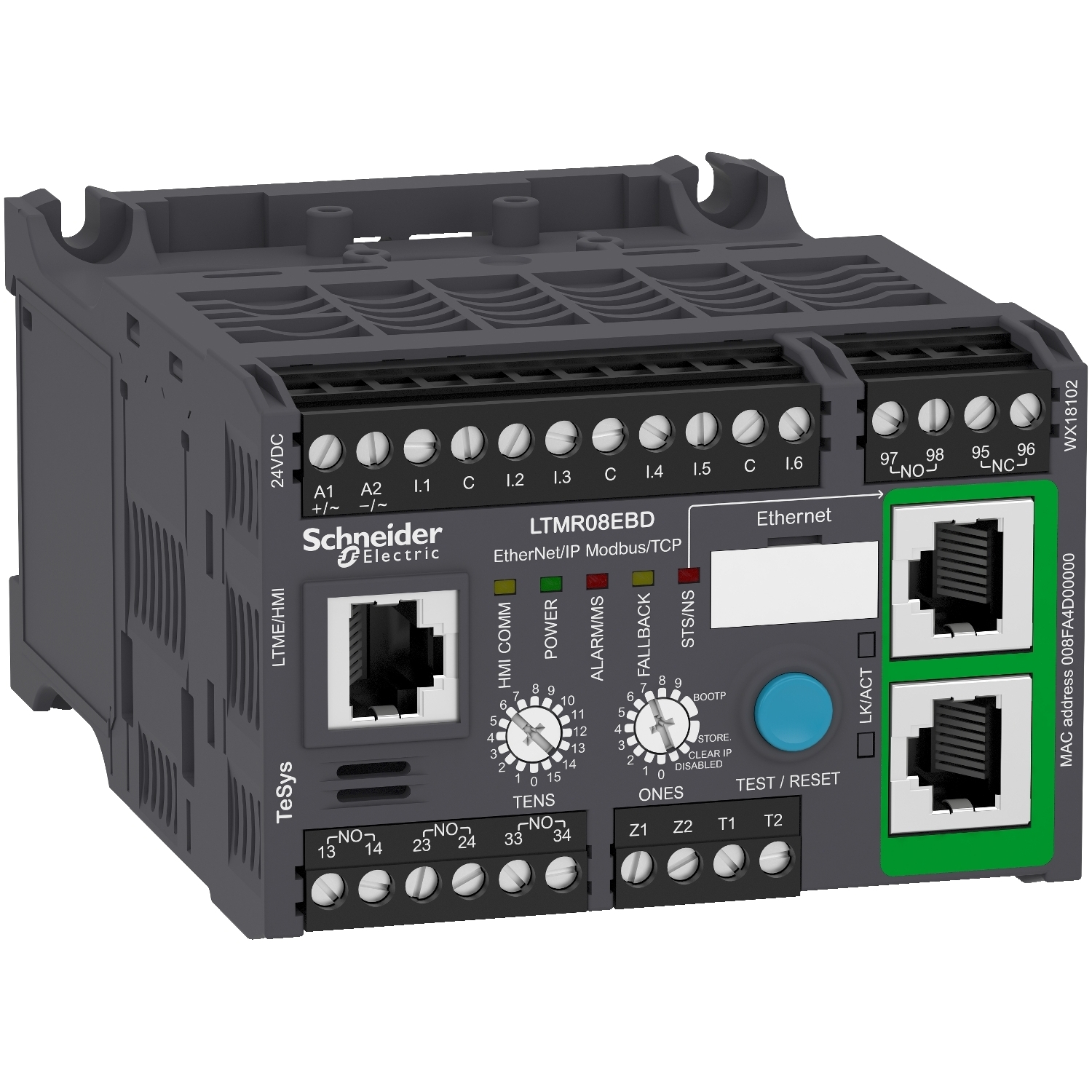 LTMR08EBD TeSys LTMR Motor Controller With Modbus TCP/ETHERNET/IP Communication Port, 7 mA, 5 A at 250 V AC/5 A at 30 V DC