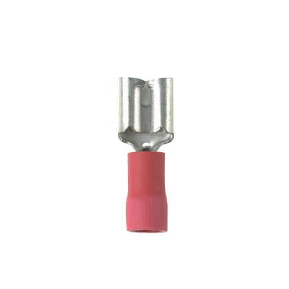 DVF18-250-CY Pan-Term Type DVF Loose Piece Vibration-Resistant Female Disconnect, 18 AWG Conductor, 0.25 in W x 0.032 in THK Tab, Funnel Entry/Sleeved Barrel, Brass, Red, Barrel Insulated