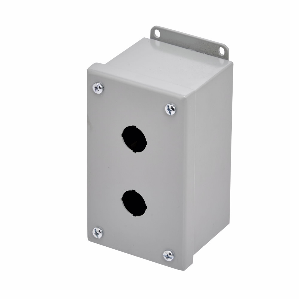 PB2M PB Series Pushbutton Enclosure With Captive Screw, 5-3/4 in L x 3-1/4 in W x 3 in D, 2 Outlets, NEMA 4X/12/13/IP65 NEMA Rating, Steel