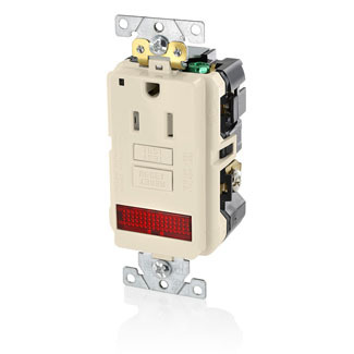 GFPL1-PLI SmartlockPro Slim Feed Through Self-Test Single Tamper Resistant GFCI Receptacle With LED Pilot Light, 125 V AC, 15 A, 2 Poles, 3 Wires, Ivory