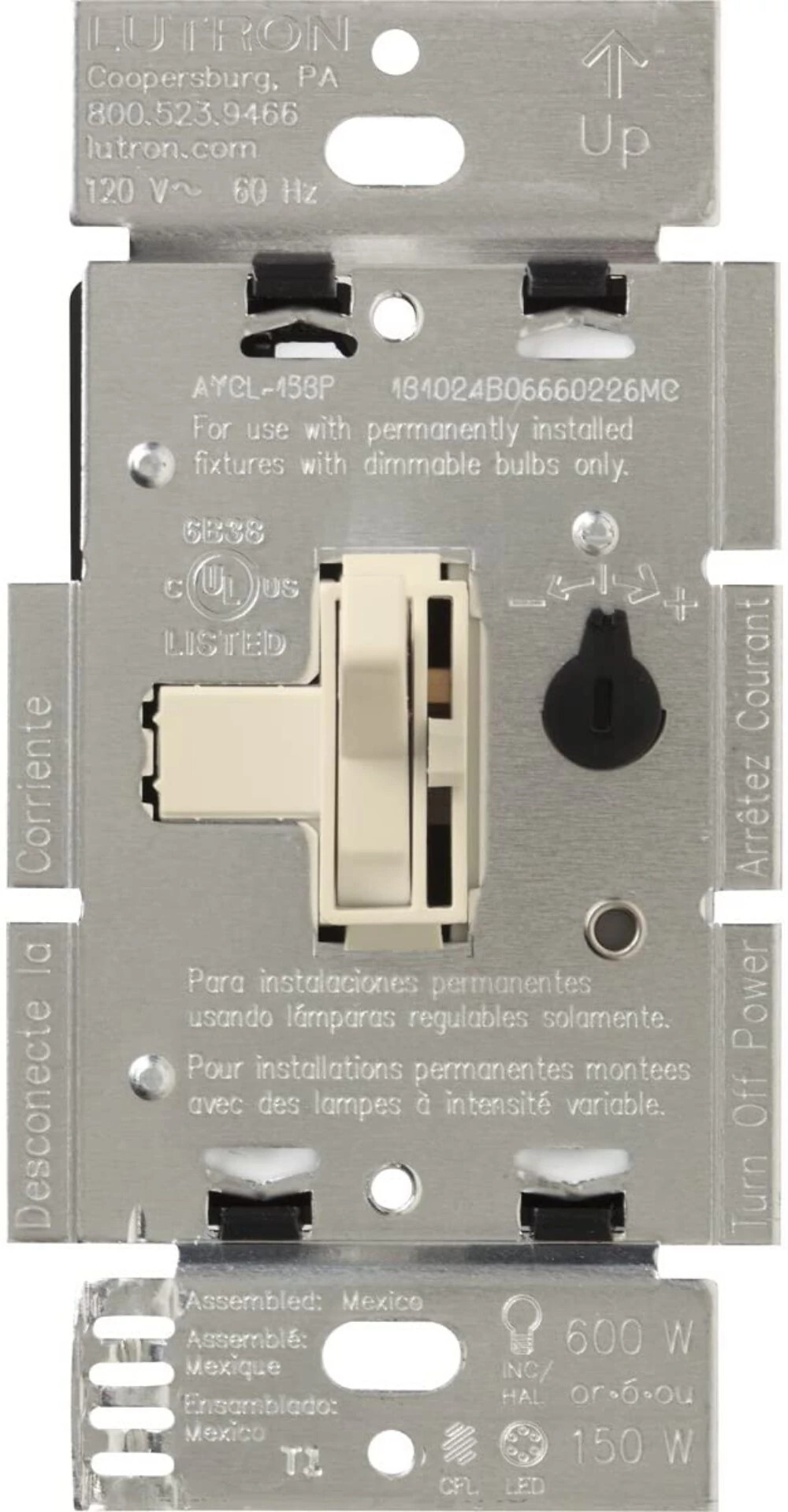 AYCL-153PH-LA Ariadni LED+ Dimmer Switch, 150W LED, 1 Pole/3-Way, No Neutral Required, 120V, Light Almond