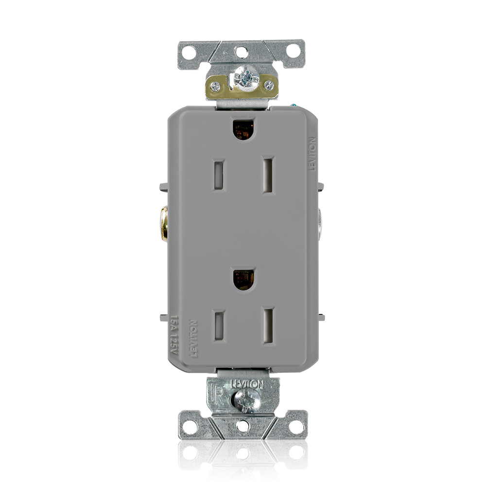 TDR15-GY TDR15 Duplex Heavy Duty Self-Grounding Smooth Face Tamper-Resistant Straight Blade Receptacle, 125 V AC, 15 A, 2 Poles, 3 Wires, Gray