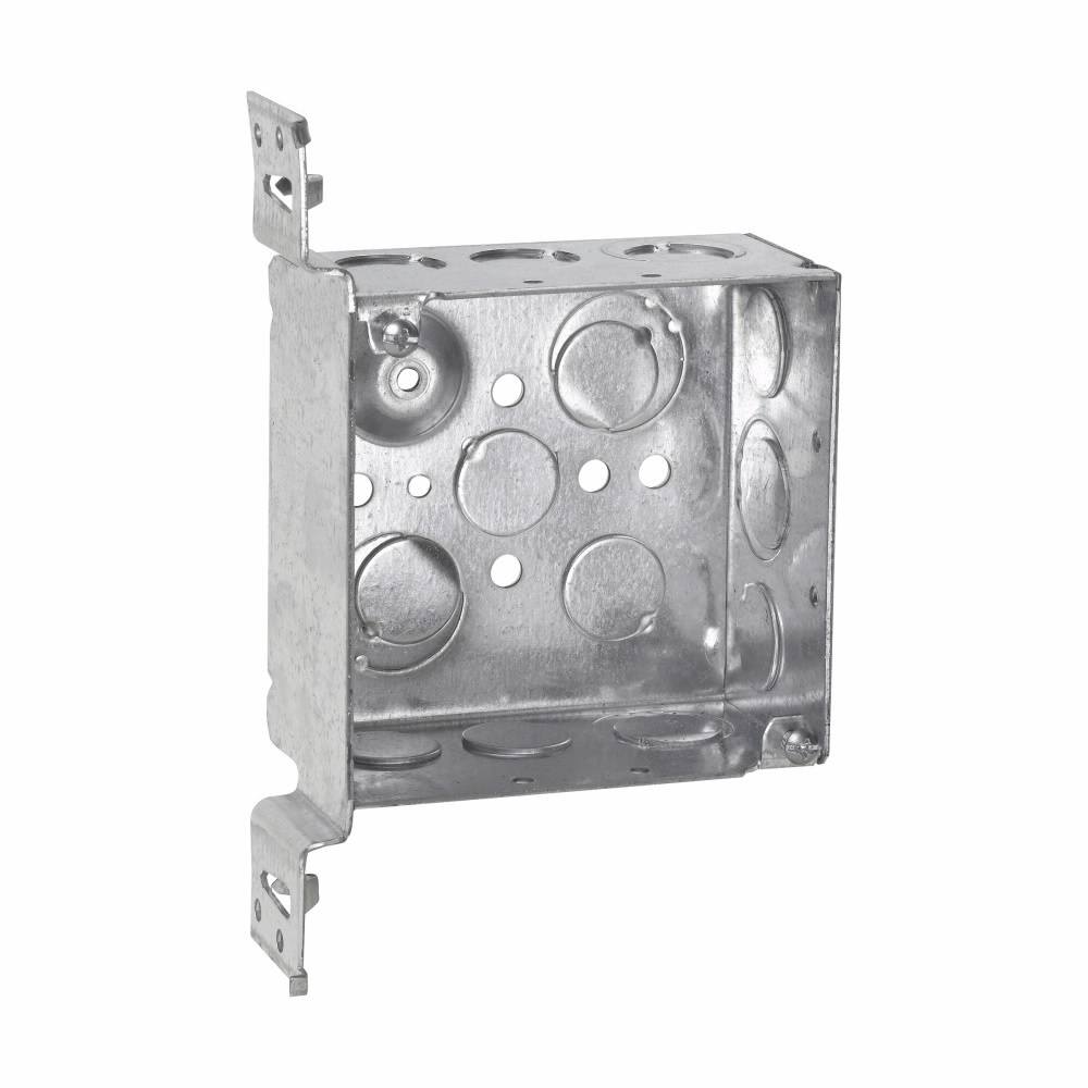 TP451 Square Outlet Box, Welded, Steel, 30.3 cubic inch capacity, 13 Knockouts, 4 inch x 4 inch x 2-1/8 inch
