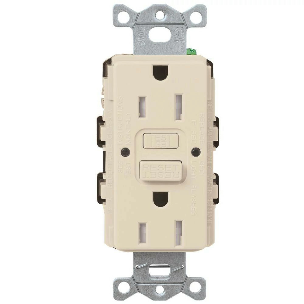 CAR-15-GFST-LA Claro Tamper-Resistant GFCI Duplex Receptacle, Decorator-Style Outlet, 15 Amp, Self-Testing, Gloss, Light Almond