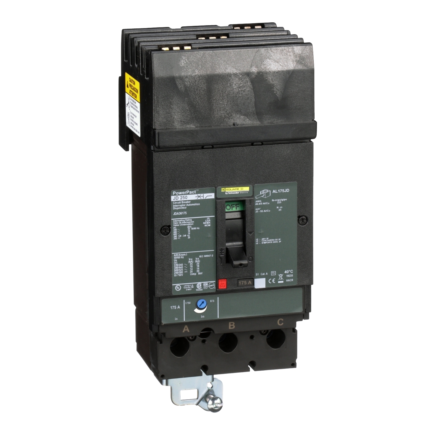 JDA36175 I-Line PowerPact J Molded Case Circuit Breaker, 600 V AC/250 V DC, 175 A, 14/18/20/25 kA Interrupt, 3 Poles, Thermal Magnetic Trip