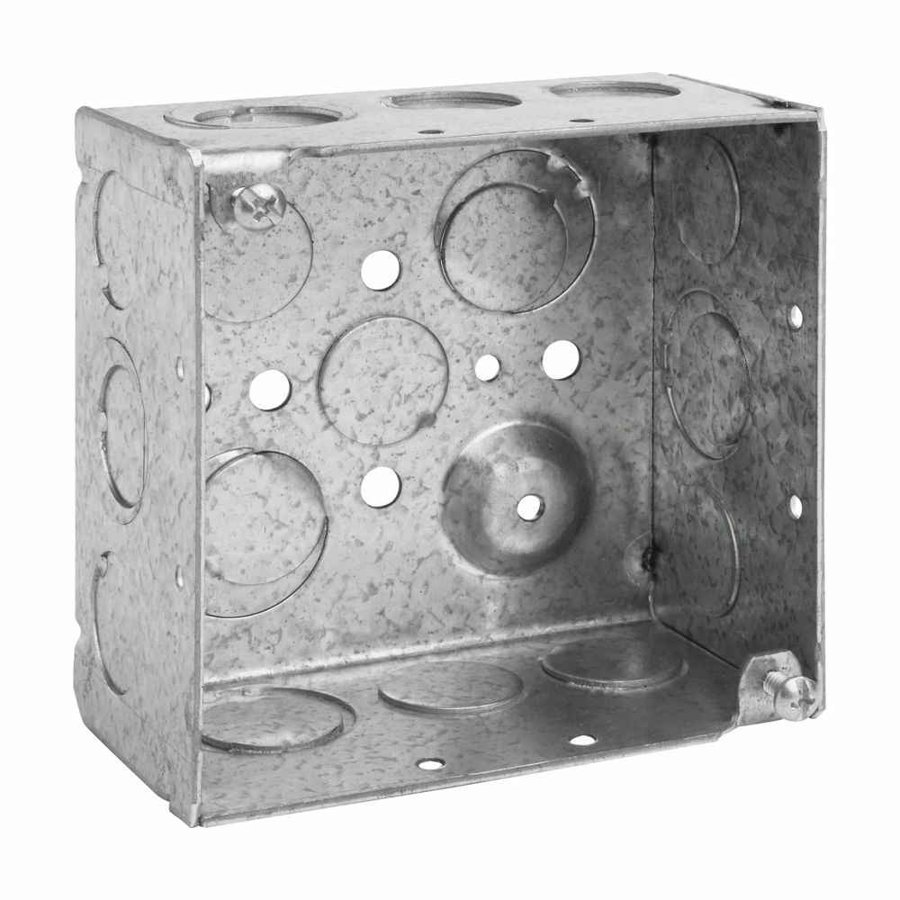 TP403 Square Outlet Box, Welded, Steel, 30.3 cubic inch capacity, 16 Outlets, 16 Knockouts, 4 inch x 4 inch x 2-1/8 inch