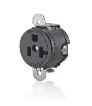 5558-SS Heavy Duty Grounding Short Strap Single Straight Blade Receptacle, 125 V AC, 20 A, 2 Poles, 3 Wires, Black