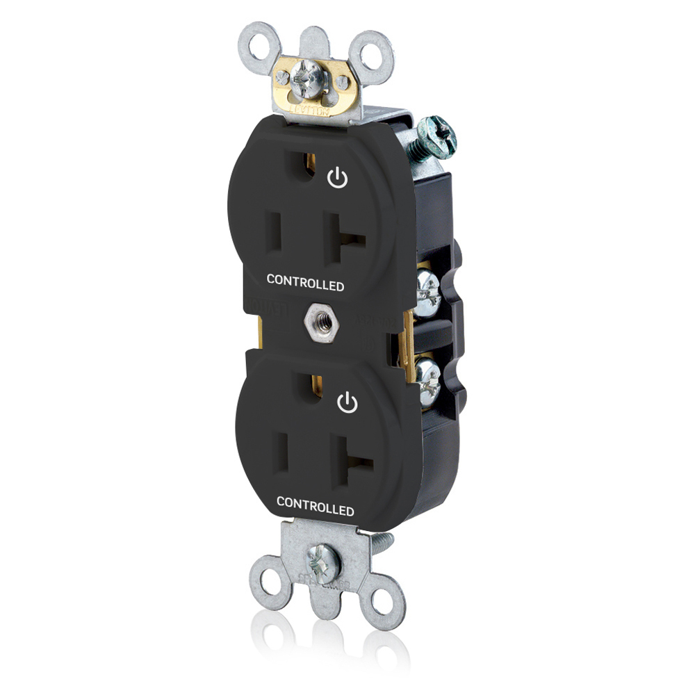 5362-S2E Heavy Duty Narrow Body Straight Blade Duplex Receptacle With 2 Plug Controlled Markings, 125 V AC, 20 A, 2 Poles, 3 Wires, Black