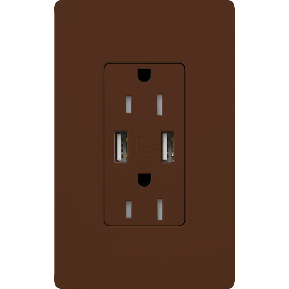 SCR-15-UBTR-SI Claro Tamper-Resistant USB-A Duplex Receptacle, Decorator-Style Outlet, 15 Amp, Self-Testing, Satin, Sienna