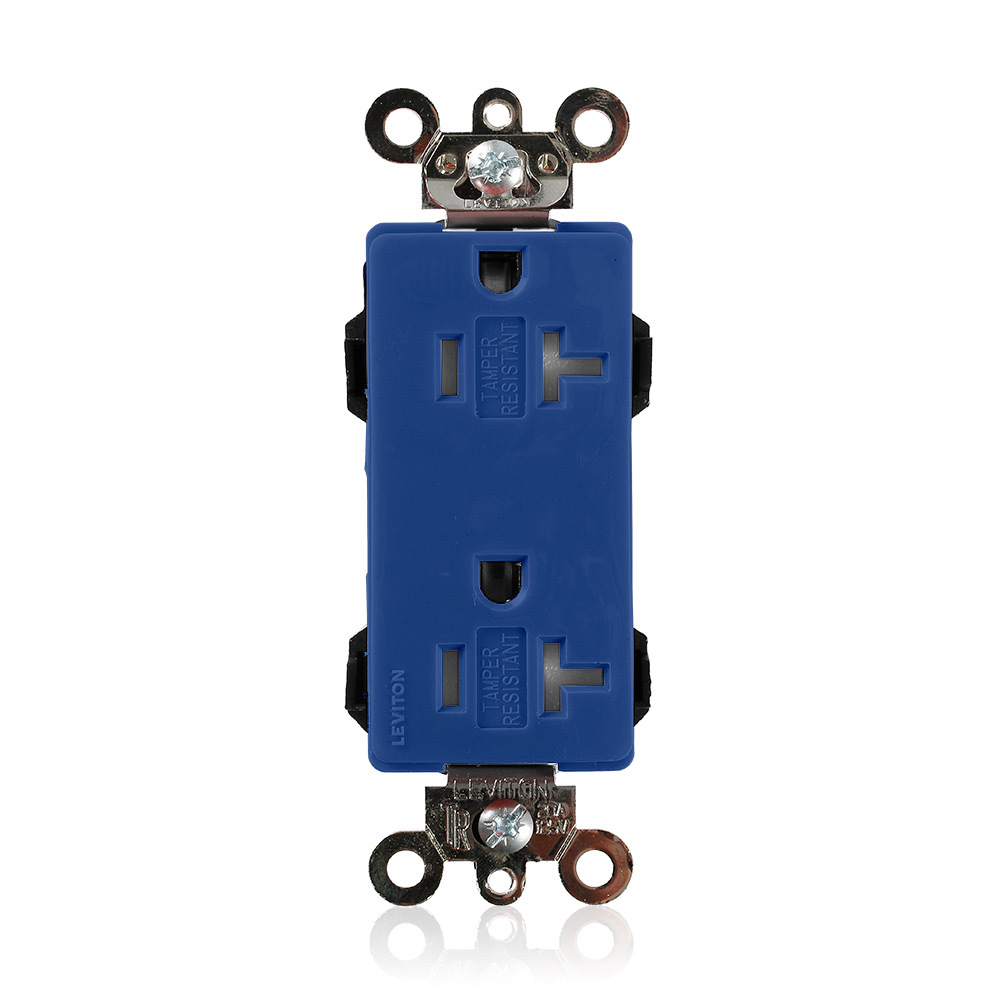 MT163-B Lev-Lok Duplex Self-Grounding Tamper Resistant Straight Blade Receptacle, 125 V AC, 20 A, 2 Poles, 3 Wires, Blue