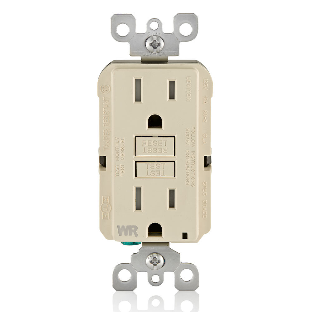 GFWT1-T Duplex Feed Through Self-Test Slim Tamper/Weather Resistant GFCI Receptacle With Light Almond Test, Reset Button, 125 V AC, 15 A, 2 Poles, 3 Wires, Light Almond