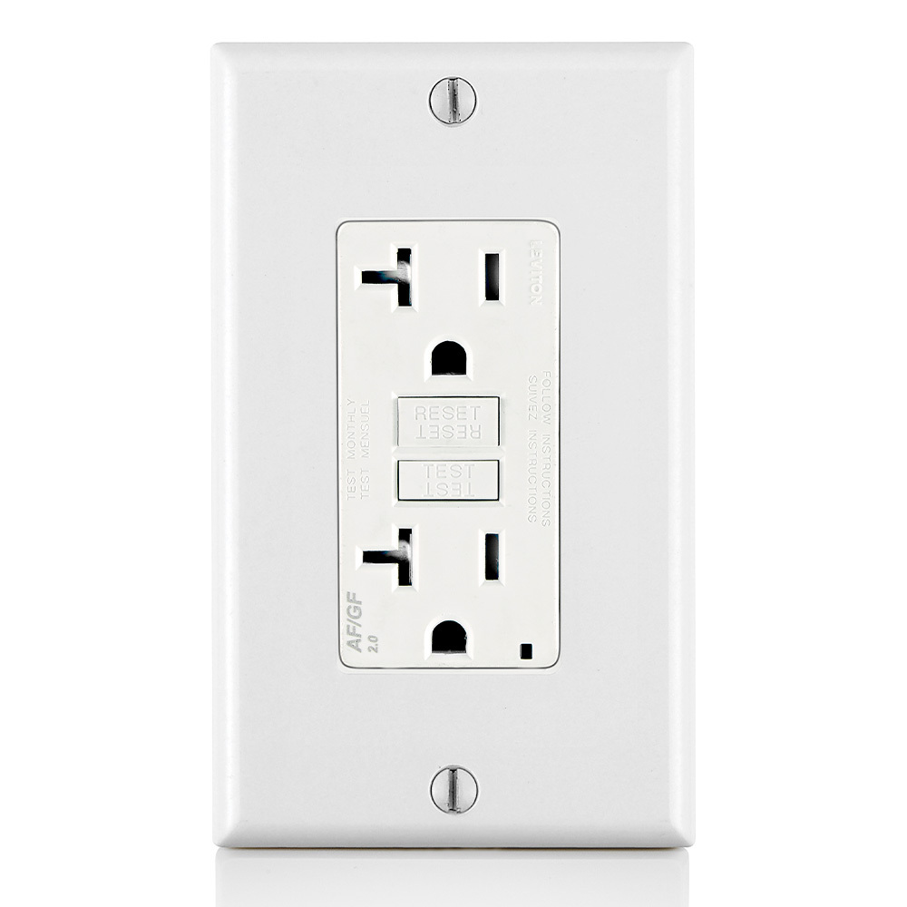 AGTR2-W Decora Dual Function AFCI/GFCI Receptacle, 125 V AC, 20 A, 2 Poles, 3 Wires, White