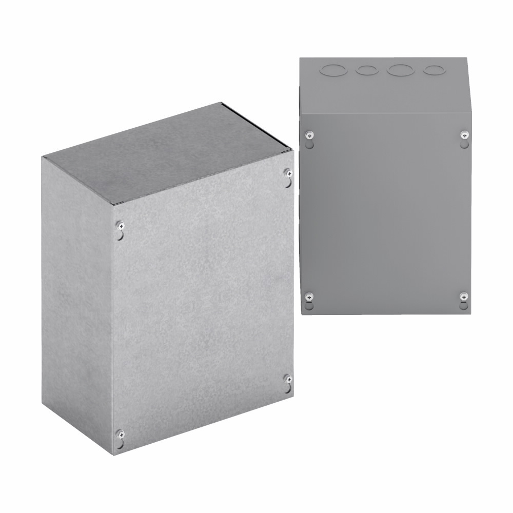 Type 1 junction boxes, 6" height, 6" length, 6" width, NEMA 1, Screw cover, SC NK enclosure, Surface mounted, Small single door, No knockout, Thru holes, Carbon steel
