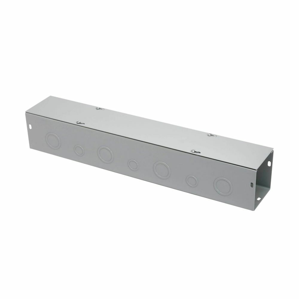 wiring trough, 6" height, 36" length, 6" width, G wireway, Thru holes, 11 top knockouts, 11 bottom knockouts, Screw cover, NEMA 1, Steel, Plated screws, ANSI 61 gray, 16 gauge