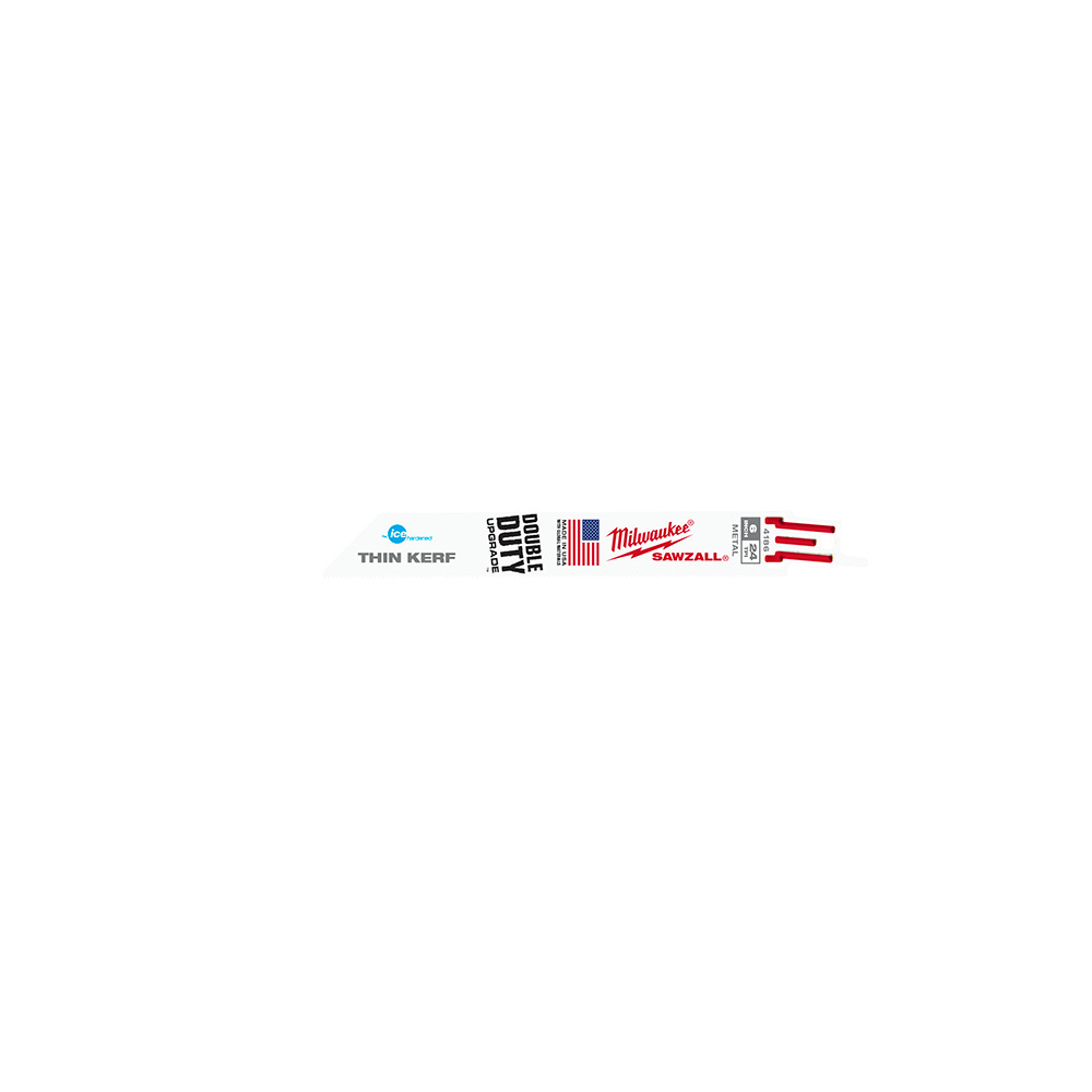48-00-4186 Ice Hardened Sawzall Double Duty Straight Back Thin Kerf Reciprocating Saw Blade, 6 in L x 3/4 in W, 24 TPI, Bi-Metal Body, Universal/Toothed Edge Tang
