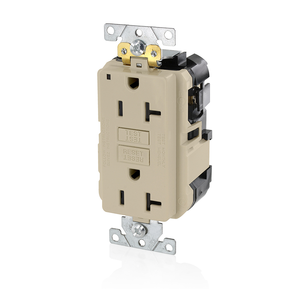MGFN2-I SmartlockPro Slim Duplex Feed Through Self-Test GFCI Receptacle, 125 V AC, 20 A, 2 Poles, 3 Wires, Ivory