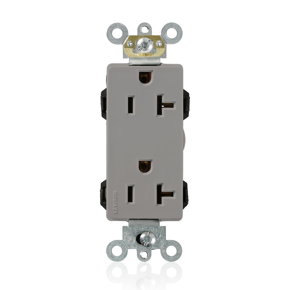 M1636-GY Decora Plus Lev-Lok 1-Phase Duplex Heavy Duty Self-Grounding Straight Blade Receptacle, 125 V AC, 20 A, 2 Poles, 3 Wires, Gray