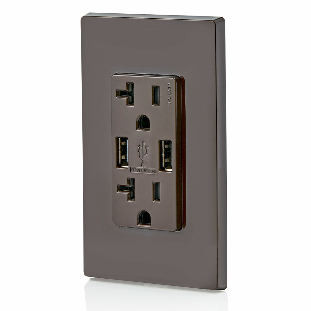 T5832-B Combination Tamper-Resistant USB Charger/Duplex Receptacle, 20 A, 125 V AC, Brown