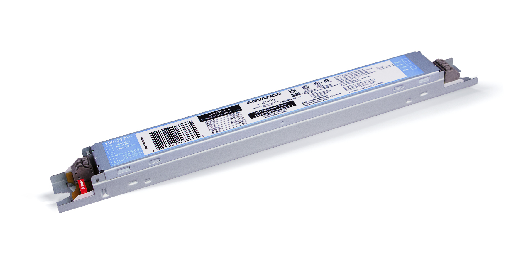 CI034C070V048CDX1M Advance CertaDrive X Series Linear Single Current LED Driver, 120 to 277 V AC Input, 48 V Output, 34 W Power Rating, 11.02 in L x 1.18 in W
