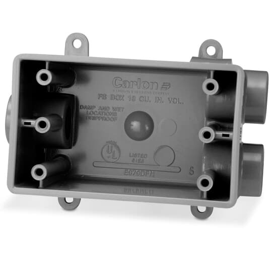 E979DFN-CAR Carlon Type FSCC Non-Metallic Rigid Shallow Style Device Box, 18 cu-in Capacity, 1 Gangs, 3 Outlets, 3 Knockouts, 4.54 in L x 2.8 in W x 2.42 in D