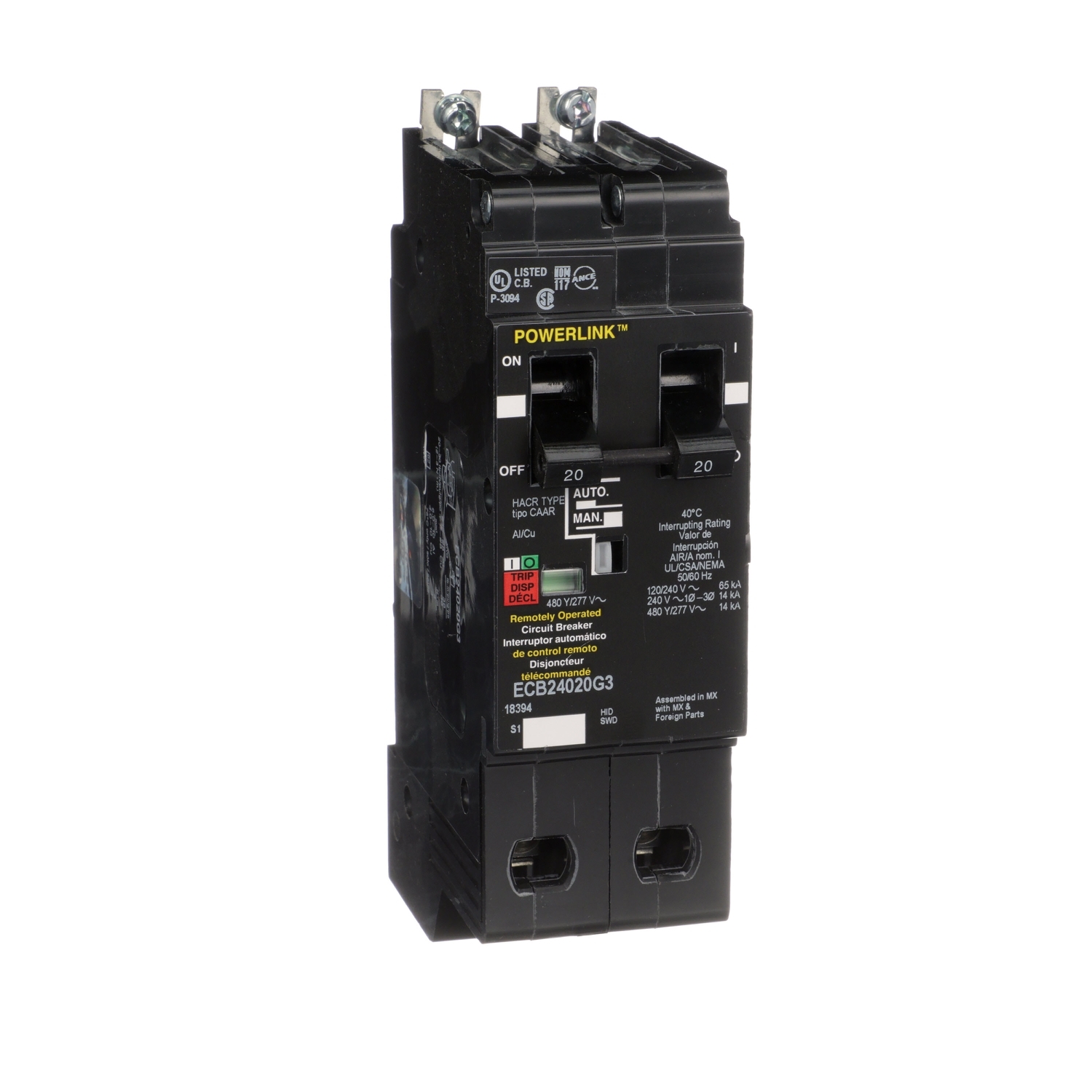 ECB24020G3 PowerLink Type ECB-G3 Molded Case Circuit Breaker, 480Y/277 VAC, 20 A, 14/65 kA Interrupt, 2 Poles, Thermal Magnetic Trip
